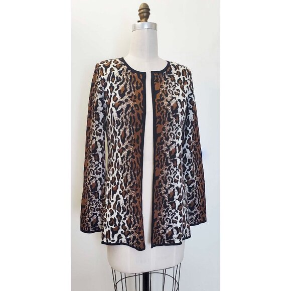 MISOOK Womens Leopard Knit Open Front Cardigan Crew Neck Brown Black White XS - Picture 3 of 6